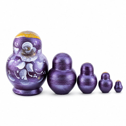 Wooden Metallic Plum Floral Nesting Dolls - Stacking Matryoshka 3.1 Inches