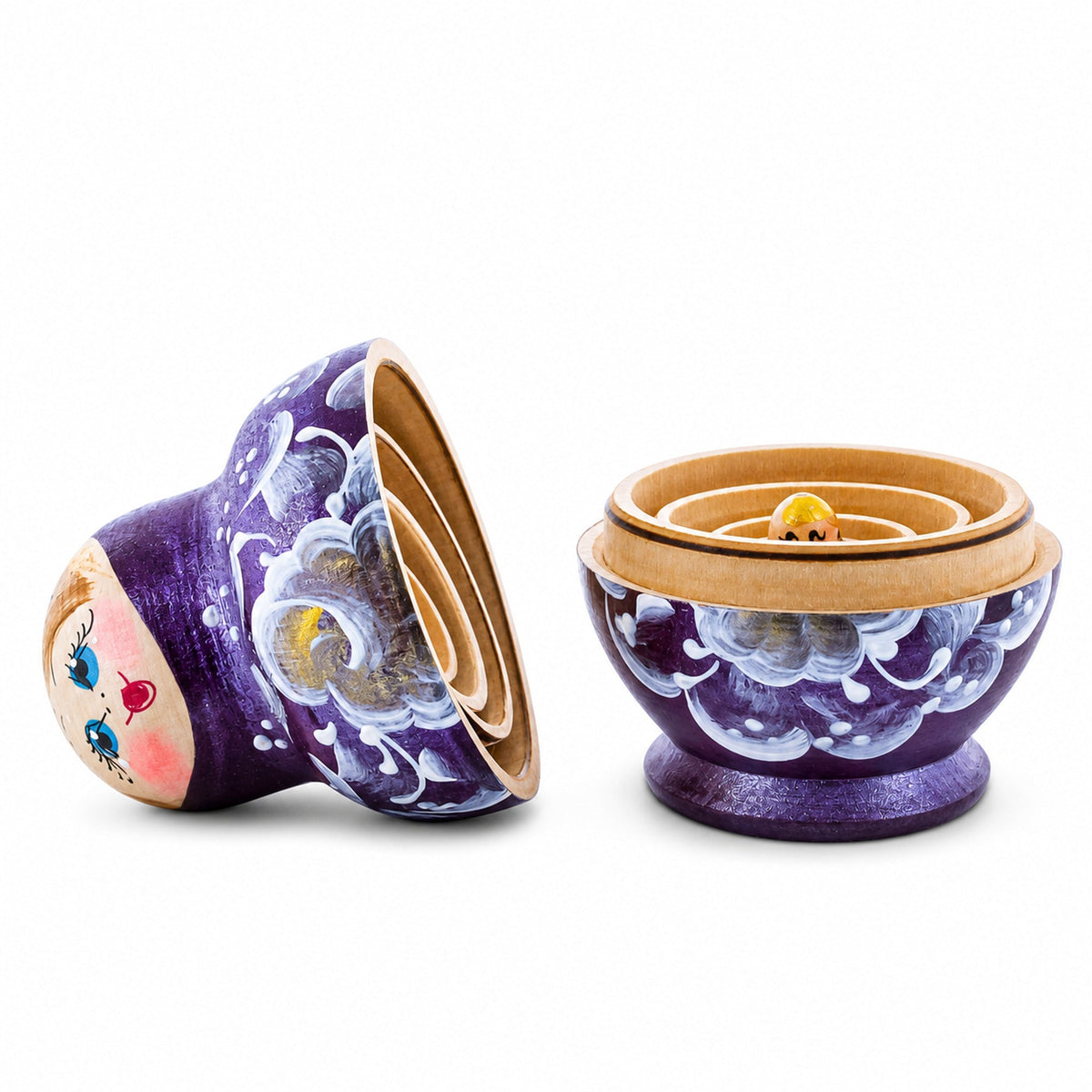 Wooden Metallic Plum Floral Nesting Dolls - Stacking Matryoshka 3.1 Inches
