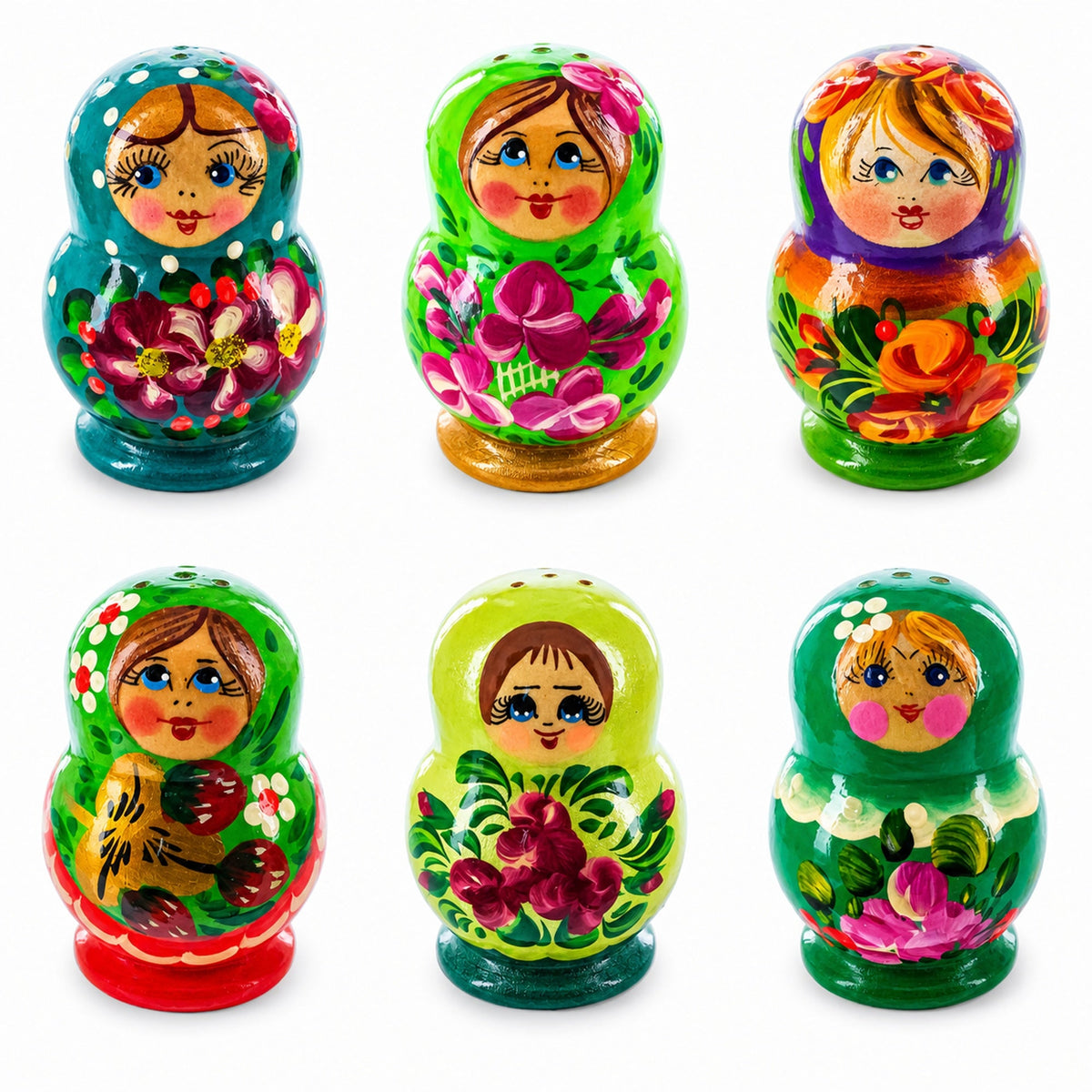 Set of 2 Wooden Floral Nesting Dolls - Green Matryoshka Salt Shakers