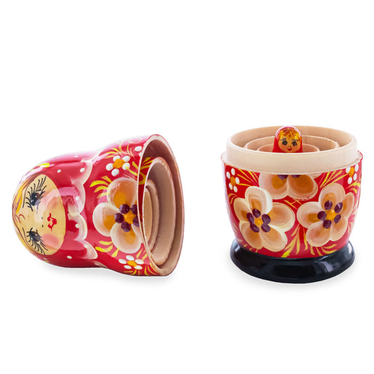 Red Hood with Gold Color Flowers Wooden  Nesting Dolls