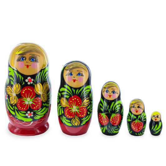 Red Color with Berries and Flowers Wooden  Nesting Dolls