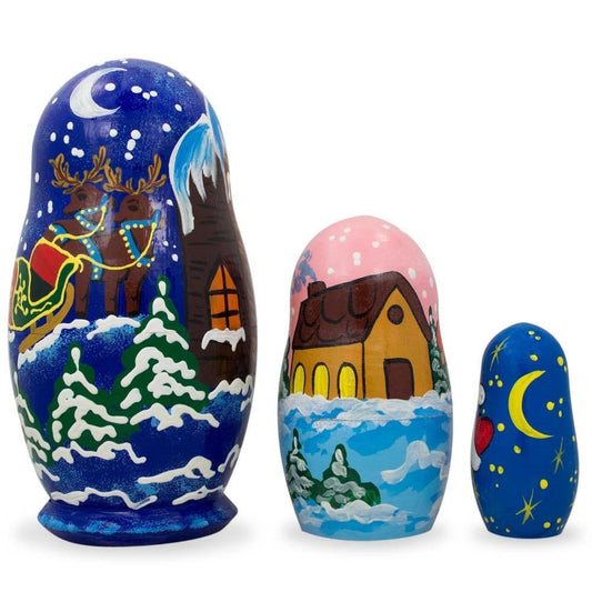 Set of 3 Santa's Delivering Gifts Wooden Nesting Dolls 4.25 Inches