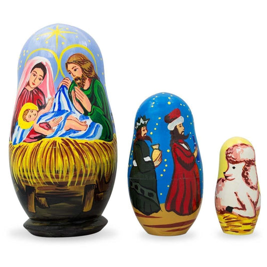 Set of 3 Wooden Nativity Nesting Dolls Religious Christmas Figurines