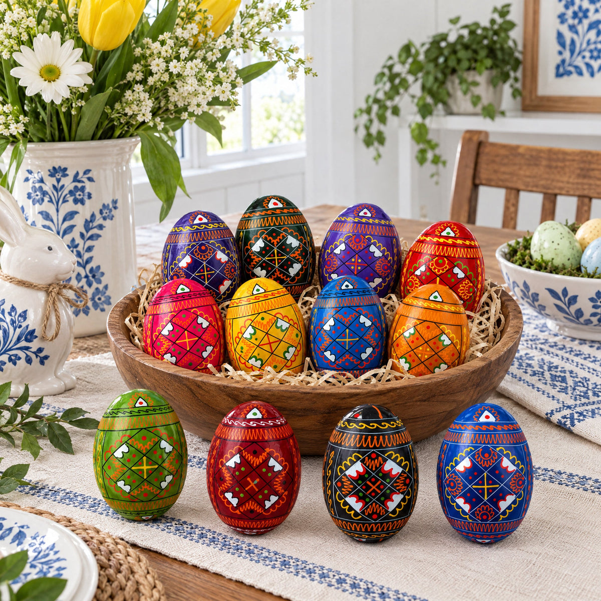 Set of 12 Handcrafted Geometric Ukrainian Pysanky Wooden Easter Eggs 2.5 Inches