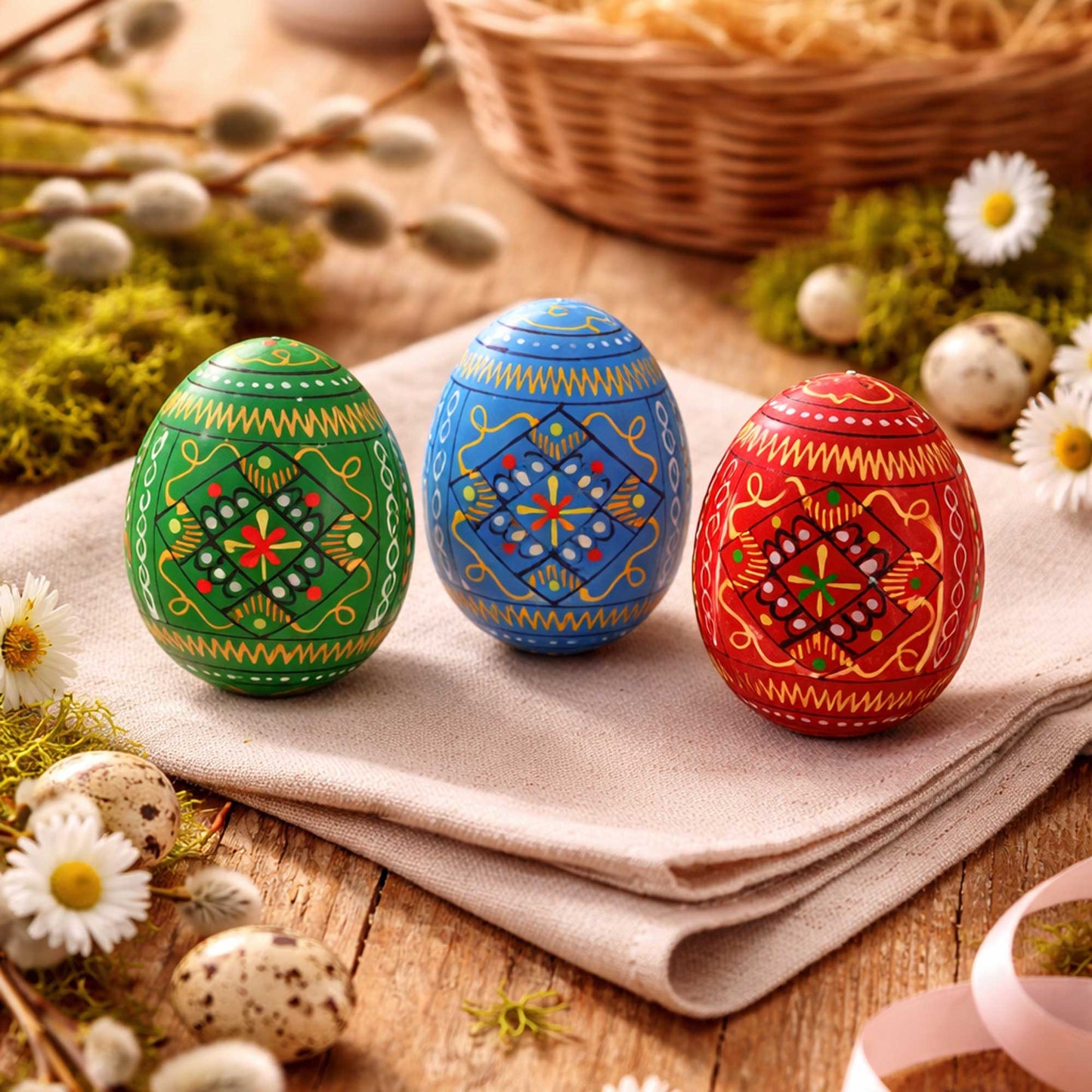 Set of 3 Vibrant Geometric Ukrainian Pysanky Wooden Easter Eggs 2.5 Inches
