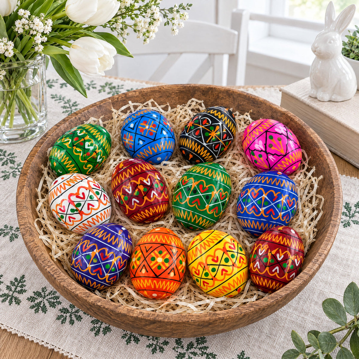 Set of 12 Mini Geometric Ukrainian Pysanky Wooden Easter Eggs 1.6 Inches