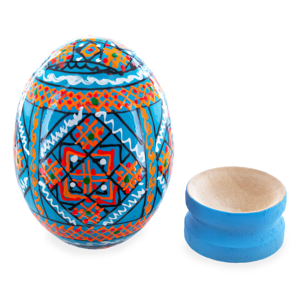 Geometrical Blue Ukrainian Wooden Easter Egg Pysanka on a Stand 3 Inches
