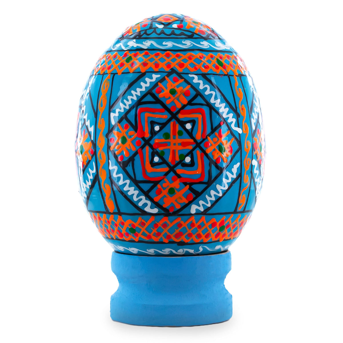 Geometrical Blue Ukrainian Wooden Easter Egg Pysanka on a Stand 3 Inches