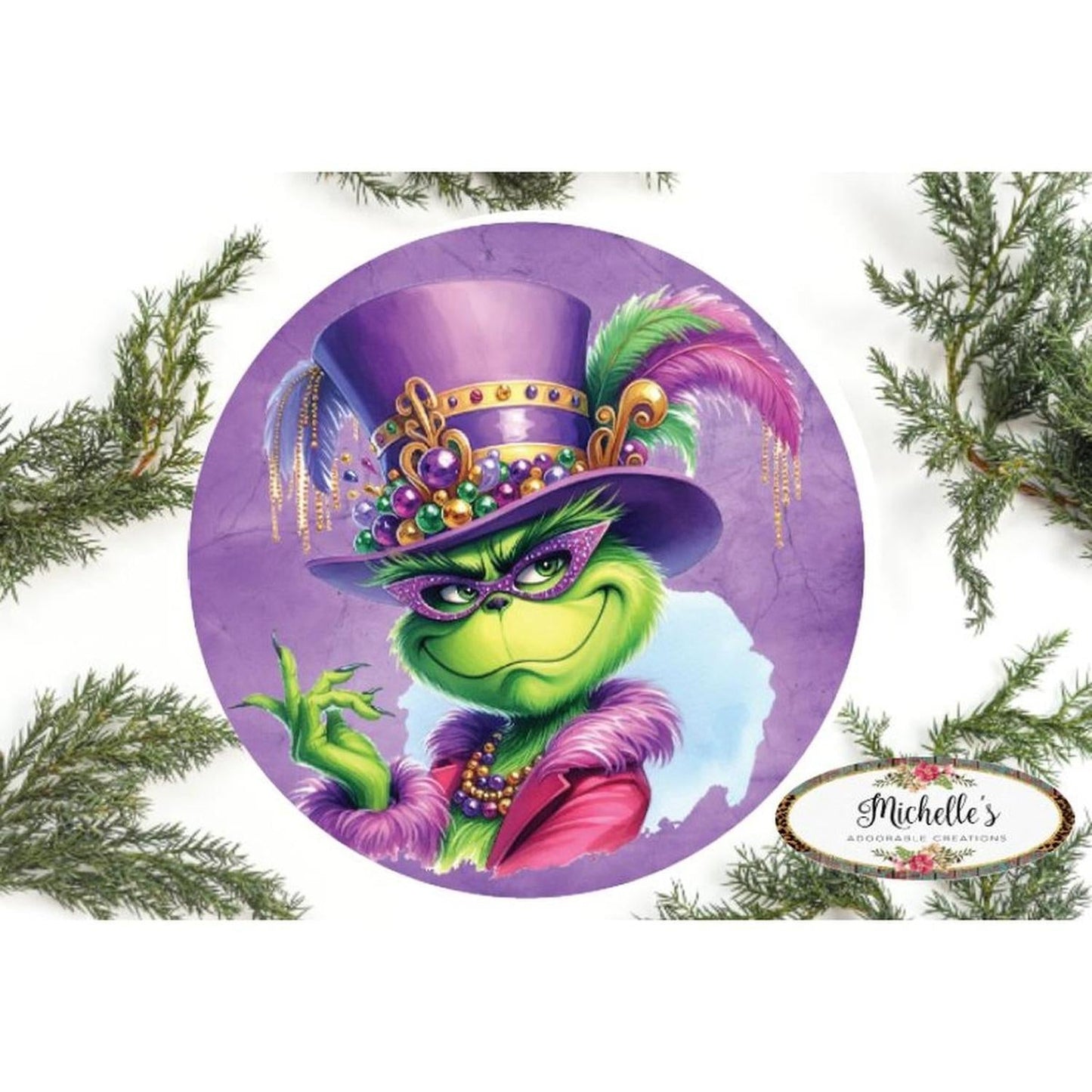 Mardi Gras Green Monster Round Sign - Wreath Enhancement