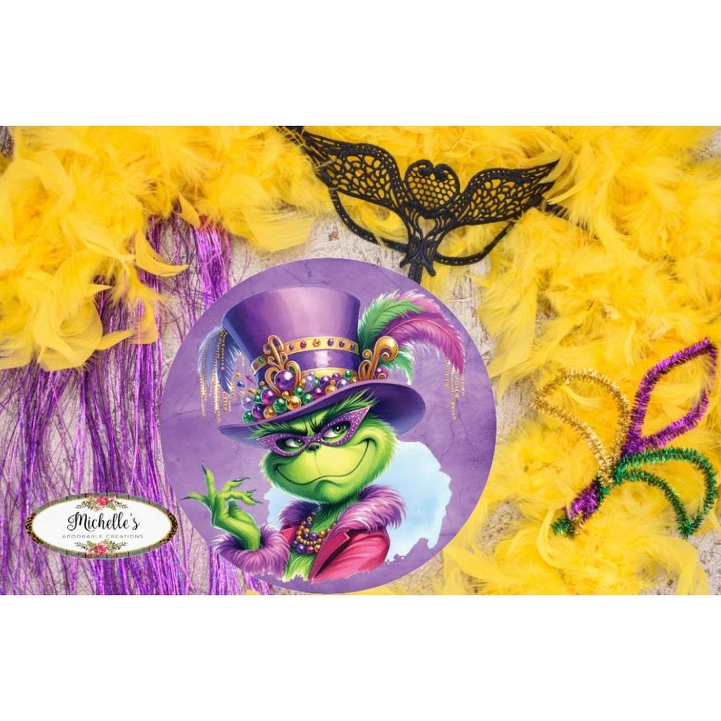 Mardi Gras Green Monster Round Sign - Wreath Enhancement