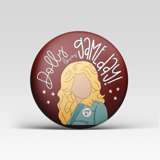 a round button with a woman on it