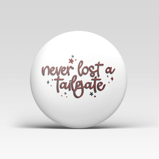 a white ball with red and black text