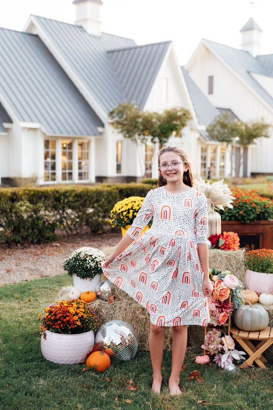 Peach Rainbow 3/4 Sleeve Pocket Twirl Dress