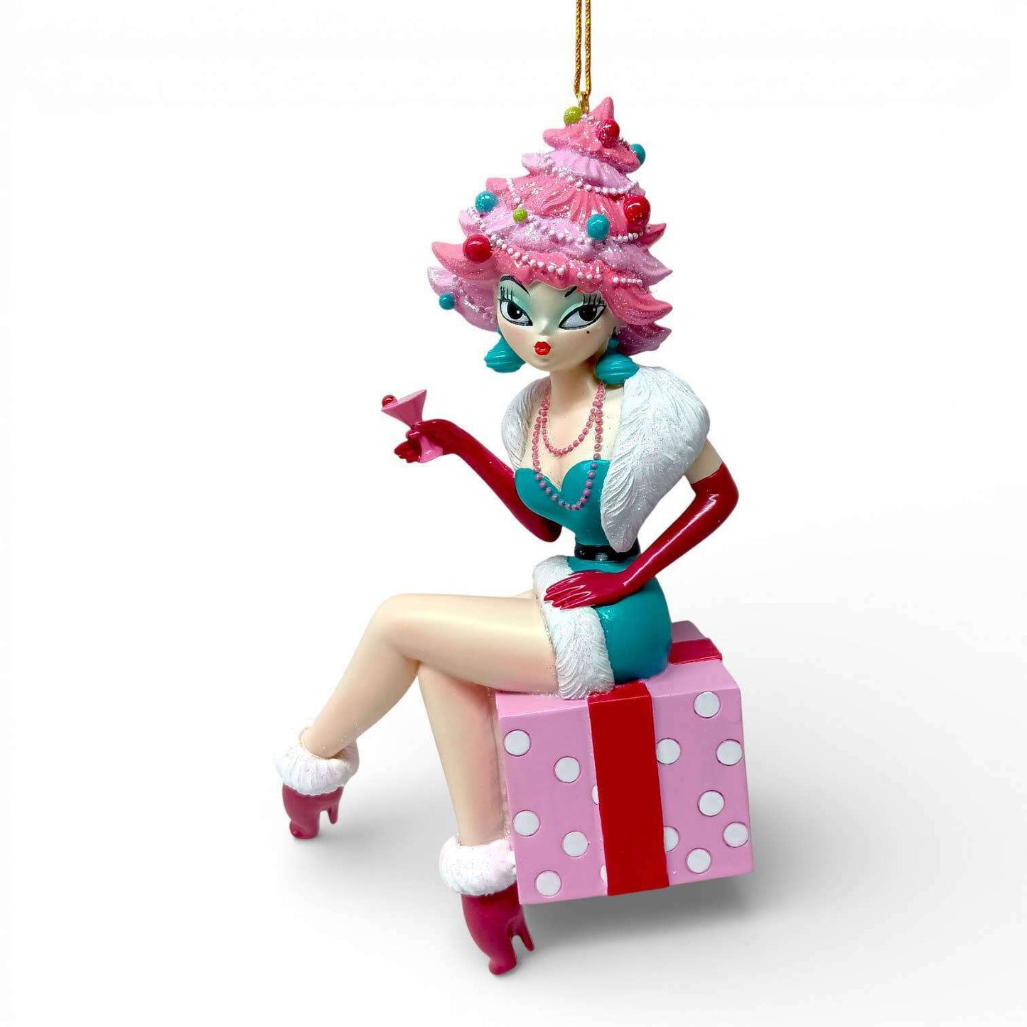 Miss Holly Daze 6.5" Martini Lady on Present Ornament | Miss Fluff December Diamonds