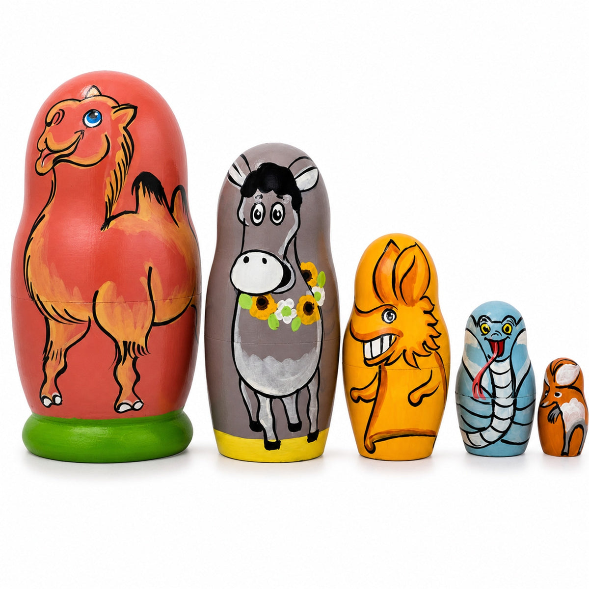 Set of 5 Camel, Donkey, Snake Wooden Animal Nesting Dolls 4.25 Inches