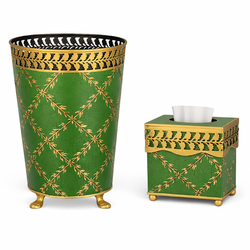 Moss Green & Gold Leaf Wastepaper Basket & Tissue (2 Options)