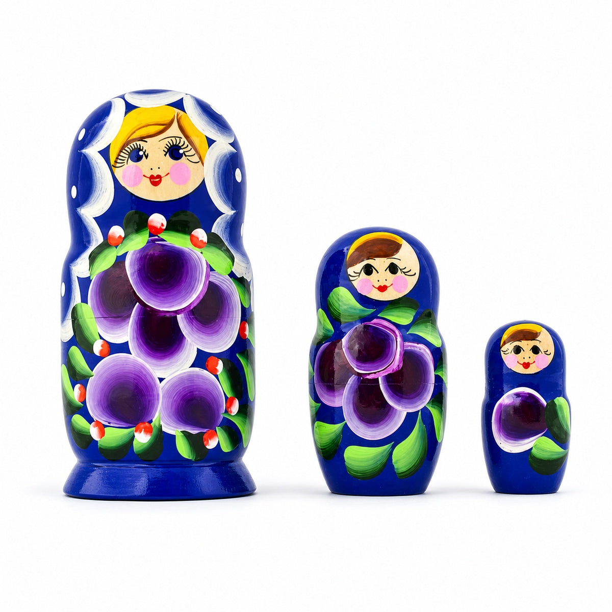 Set of 3 Wooden Floral Nesting Dolls - 3.5" Blue & Purple Flower Matryoshka