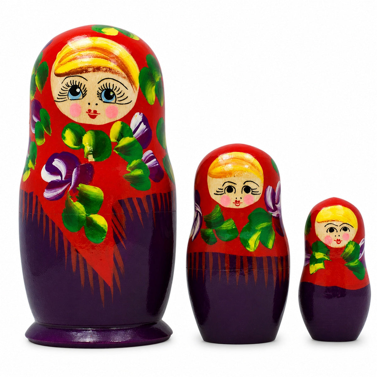 Set of 3 Wooden Floral Nesting Dolls - 3.5" Red & Purple Flower Matryoshka