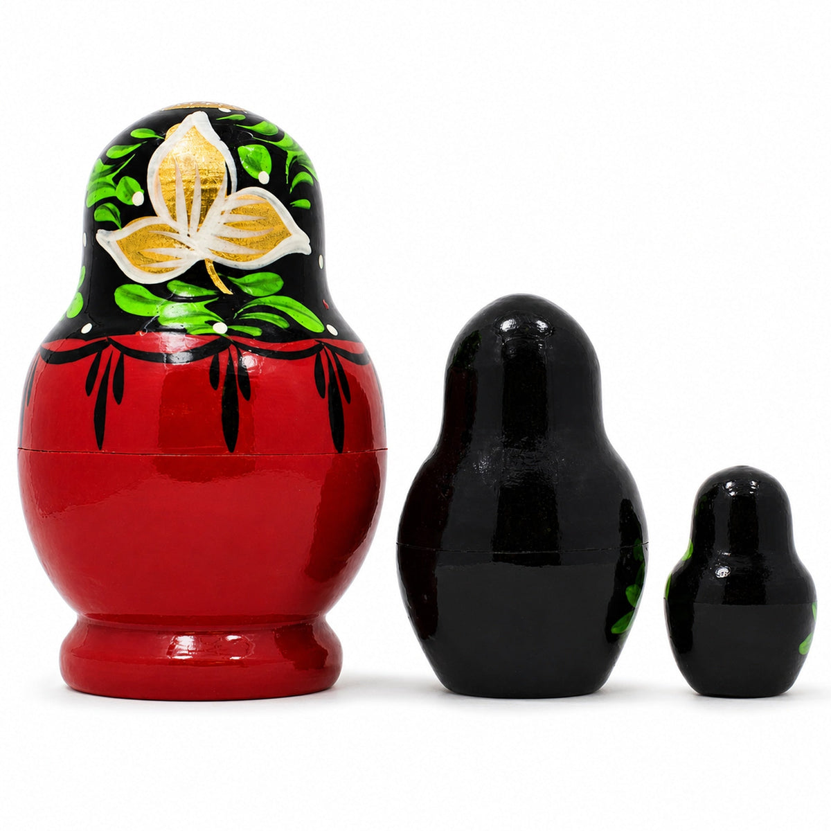 Set of Flowers on Black and Red Dress Nesting Dolls 3.5 Inches