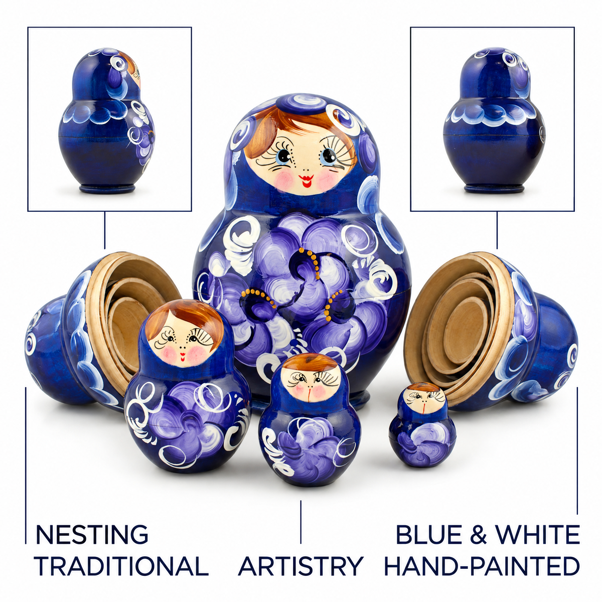 Set of 4 Wooden Floral Nesting Dolls - 3" Blue & Purple Flower Matryoshka