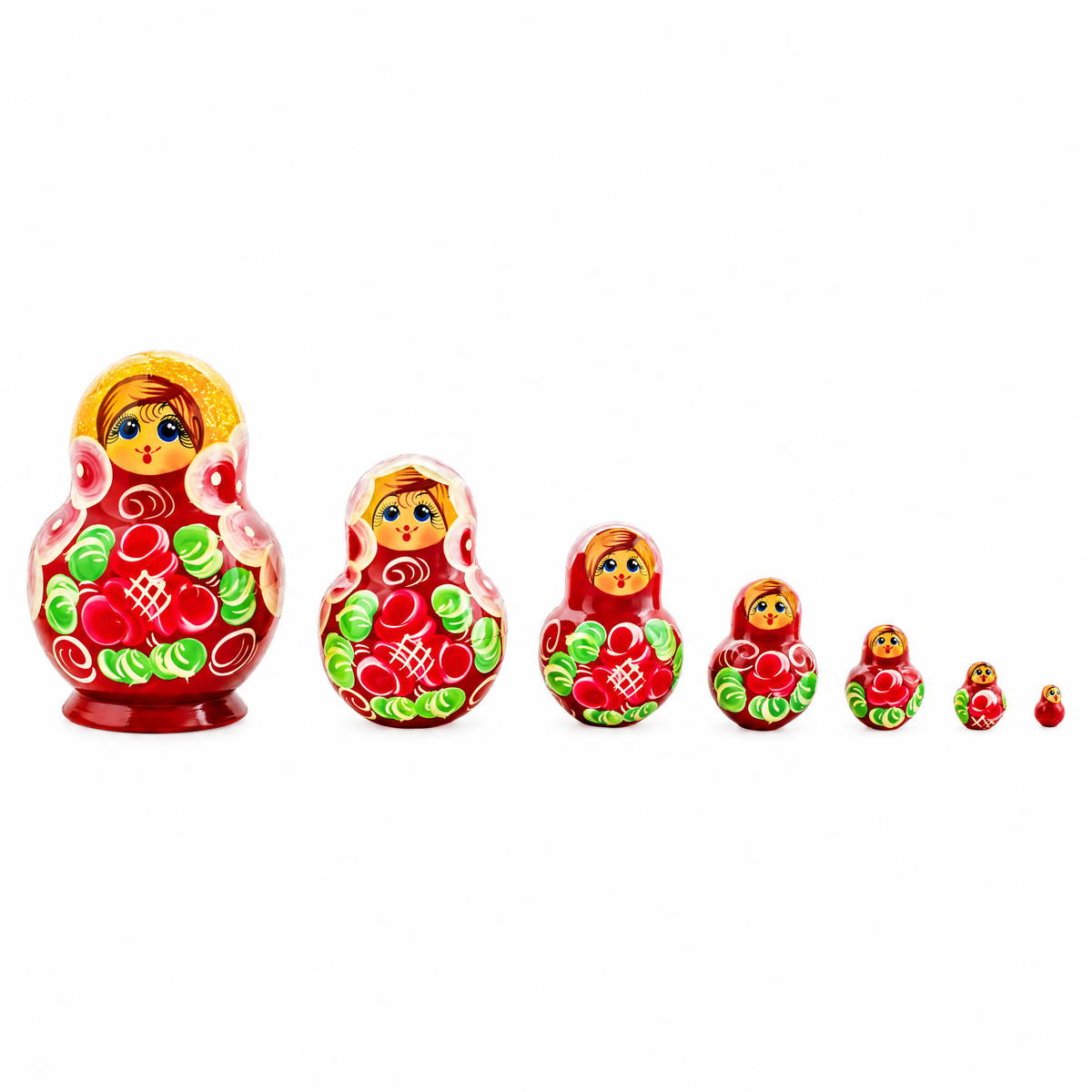 Set of 7 Red and Green Dress  Nesting Dolls 3.5 Inches