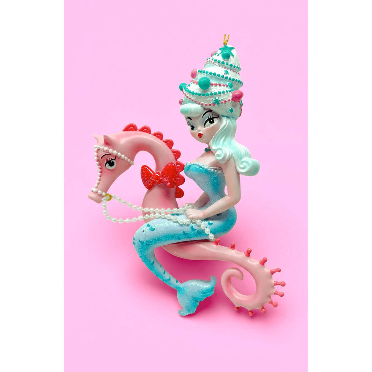Nina Noelle 6.5" Blue Hair Bouffant Mermaid on Seahorse Ornament | Miss Fluff December Diamonds