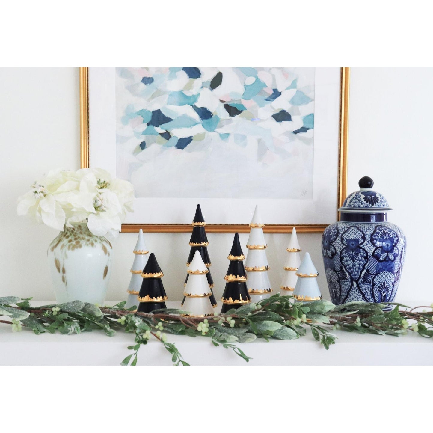 White Tiered Christmas Trees with 22K Gold Brushstroke Accent