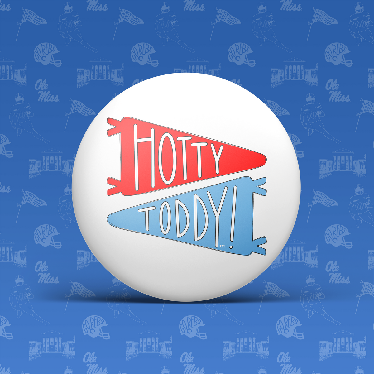 a white ball with red and blue text on it