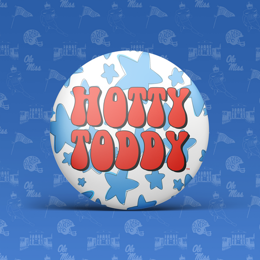 a round white and blue button with red text