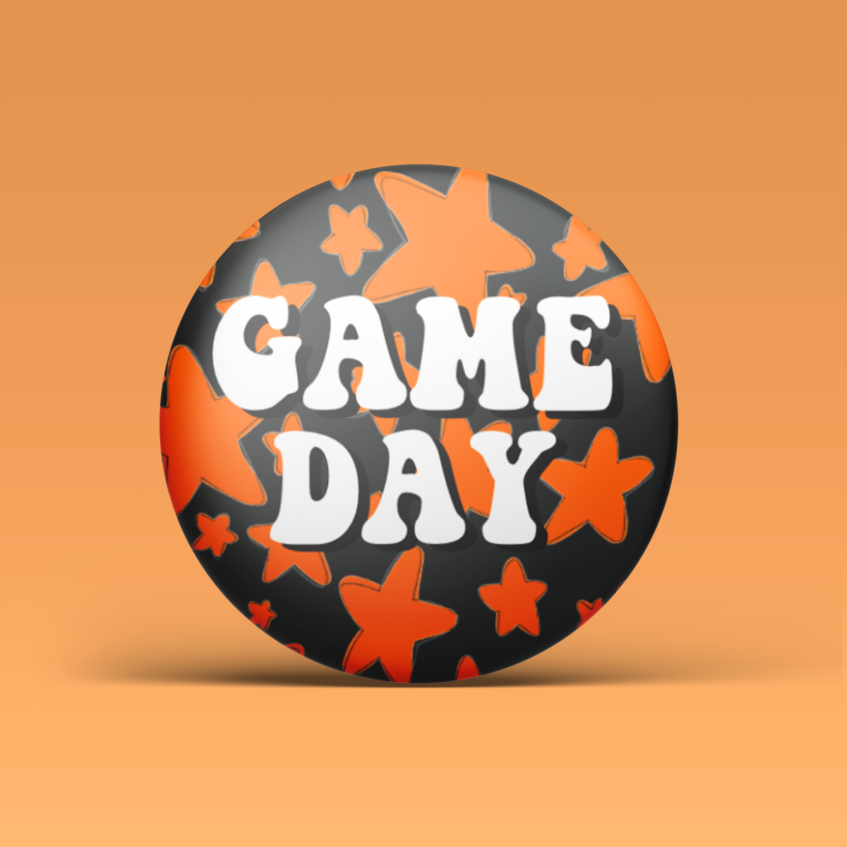 a black and orange circle with white text and orange stars