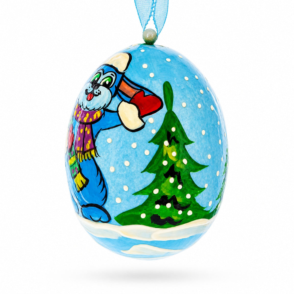 a blue egg with a rabbit painted on it
