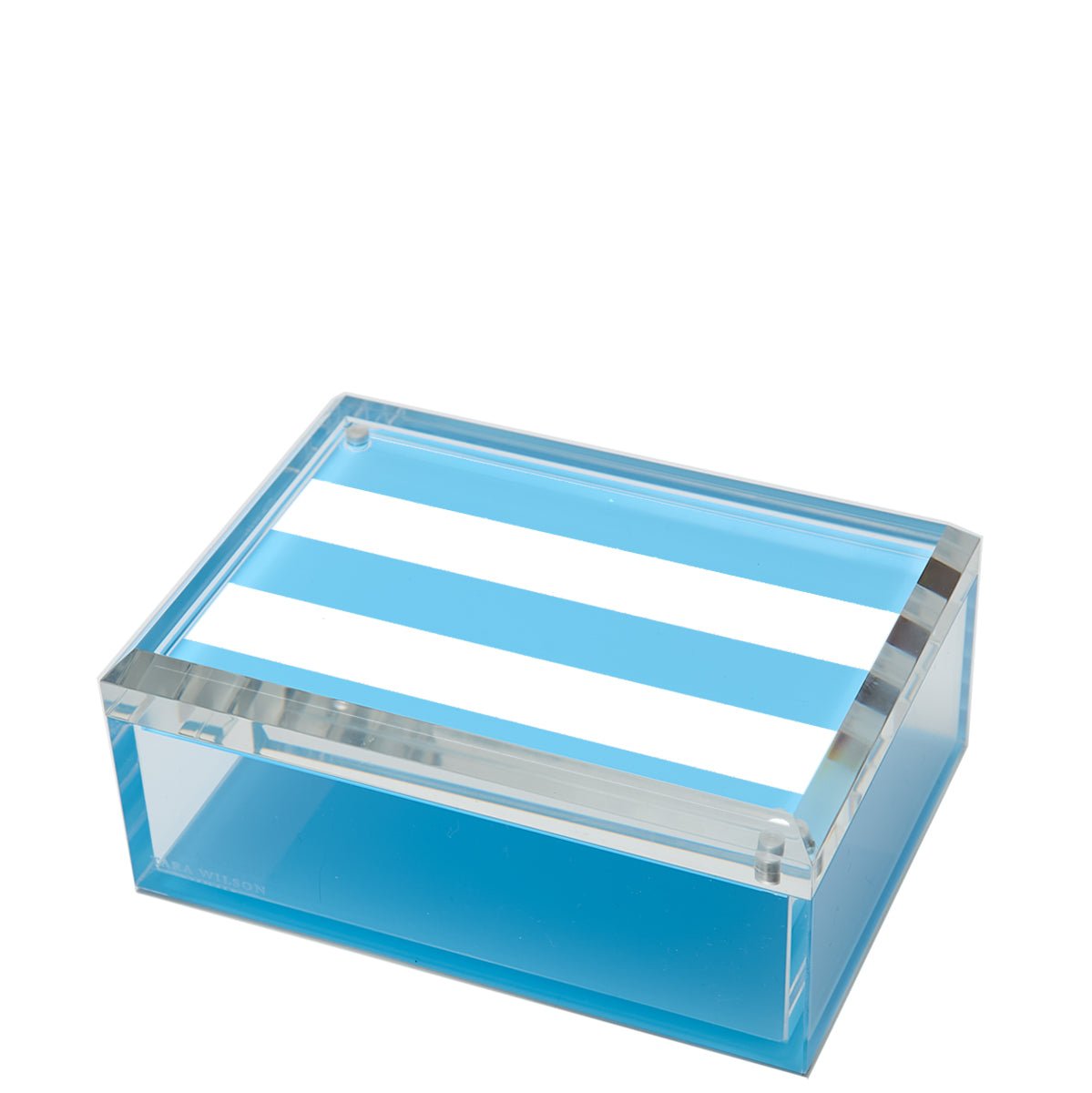 a clear box with blue and white stripes
