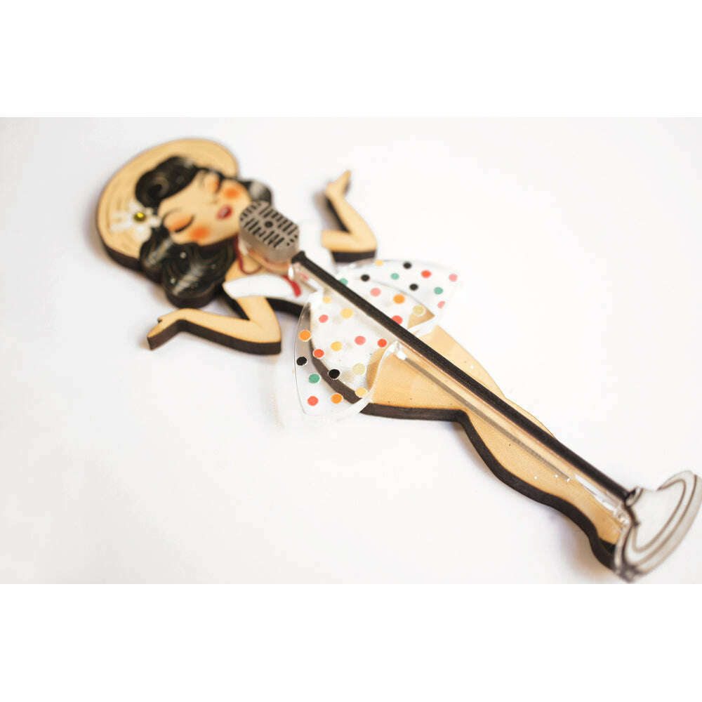 Pin-up Singer Standing w/ Microphone Brooch by Laliblue