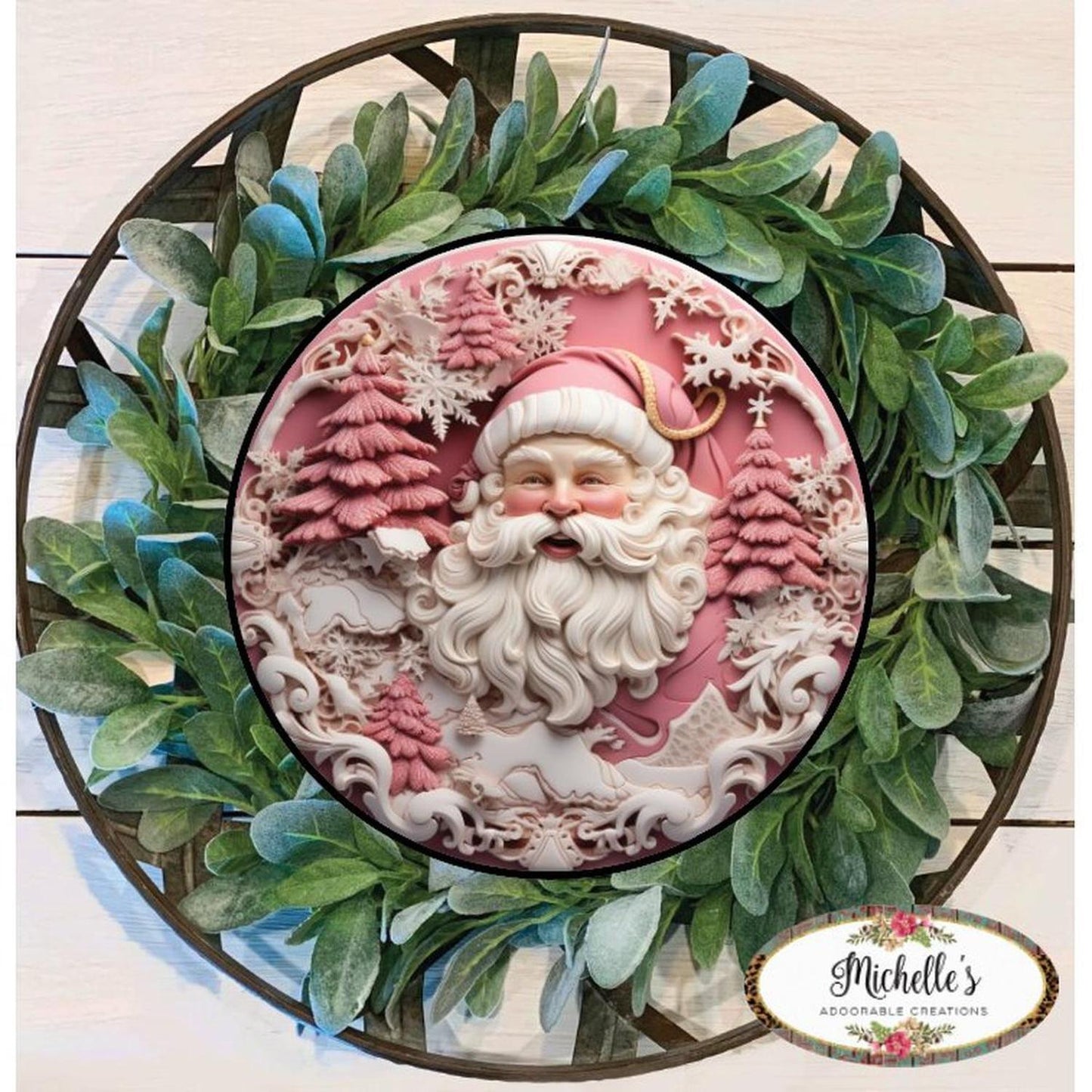 Pink 3D Santa Christmas Sign - Wreath Enhancement