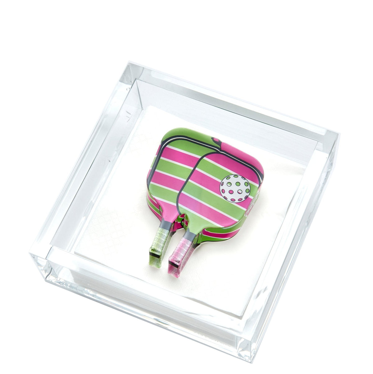 a pink and green tennis racket in a clear glass case