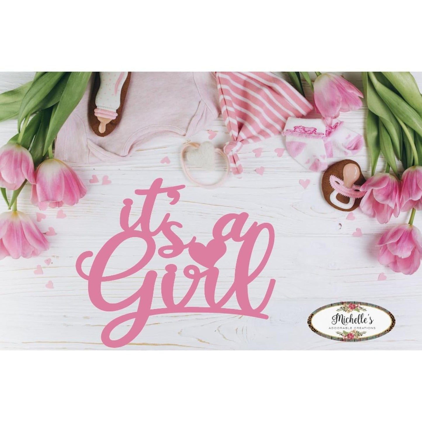 Pink It's a Girl Script Word Wood Cutout