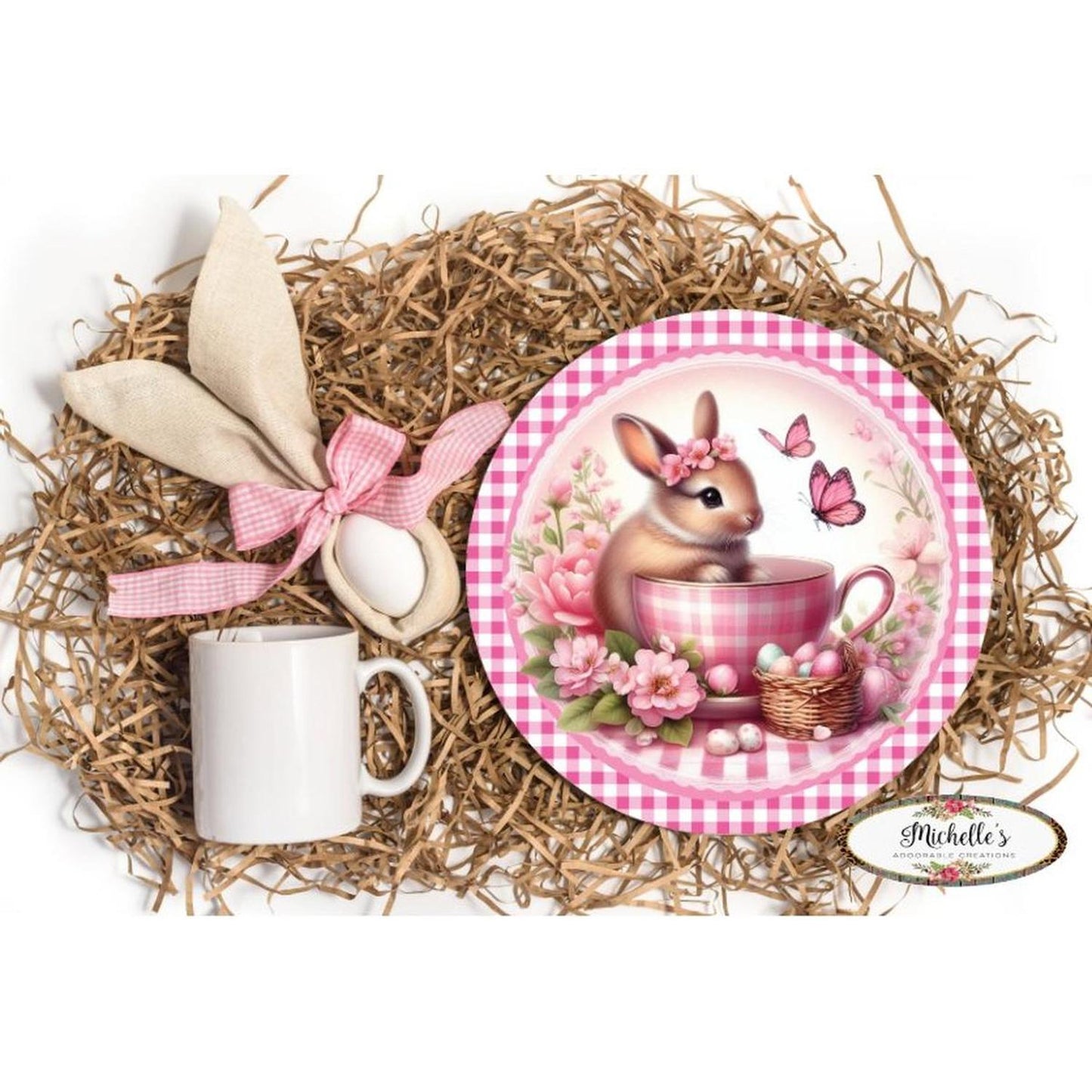 Pink Plaid Check Easter Spring Bunny Teacup Sign