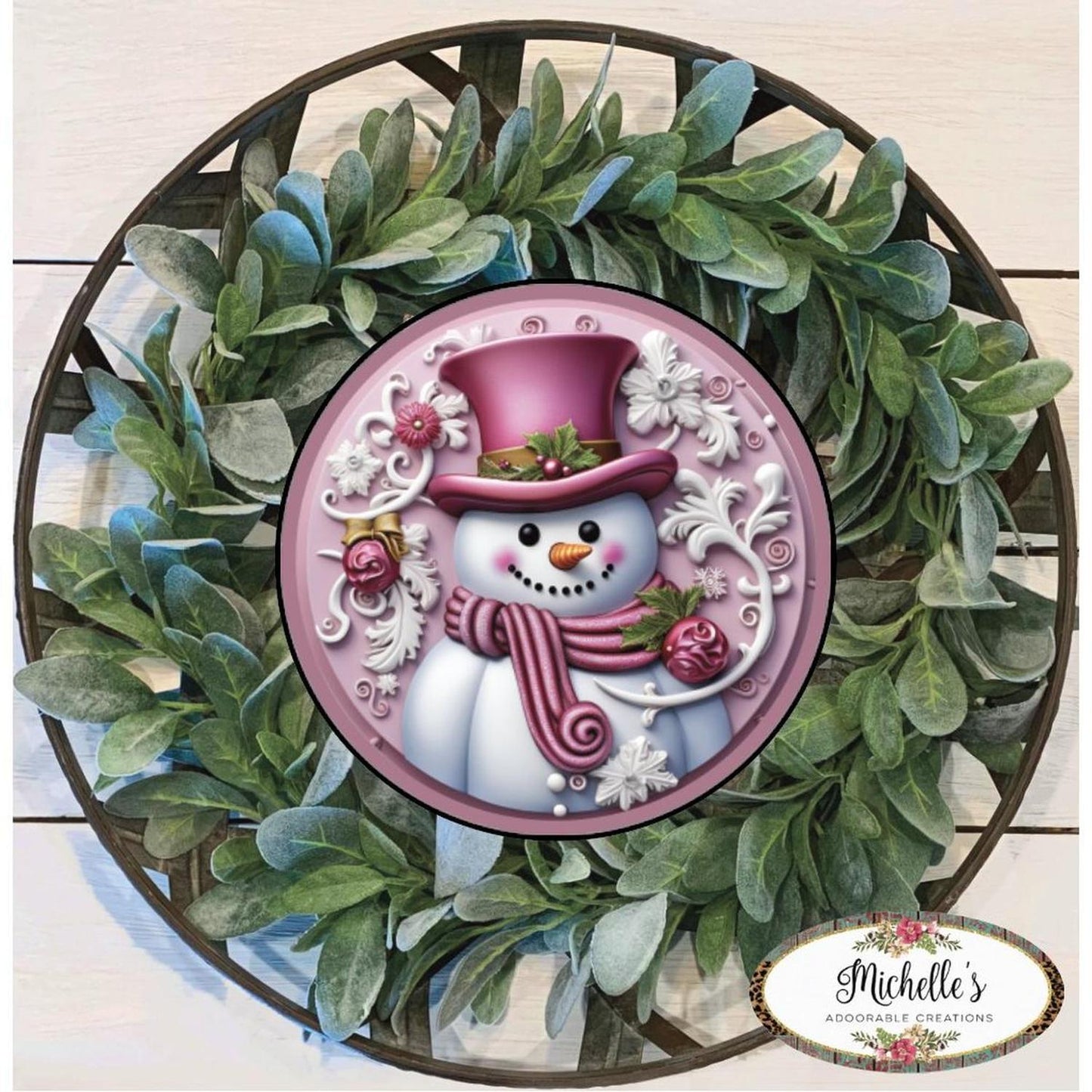 Pink Snowman Top Hat Round Sign - Wreath Enhancement