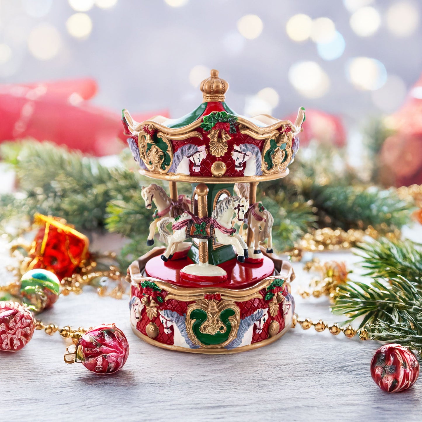 Animated Musical Christmas Carousel Figurine - Rotating Horse Music Box