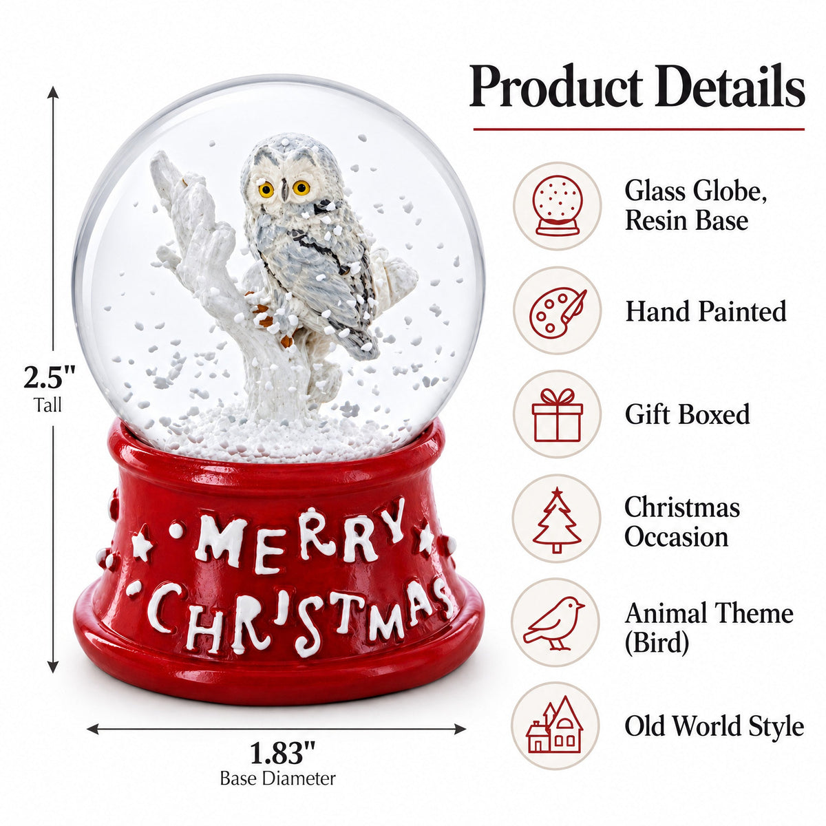 White Owl Perched on Red Base Mini Water Snow Globe