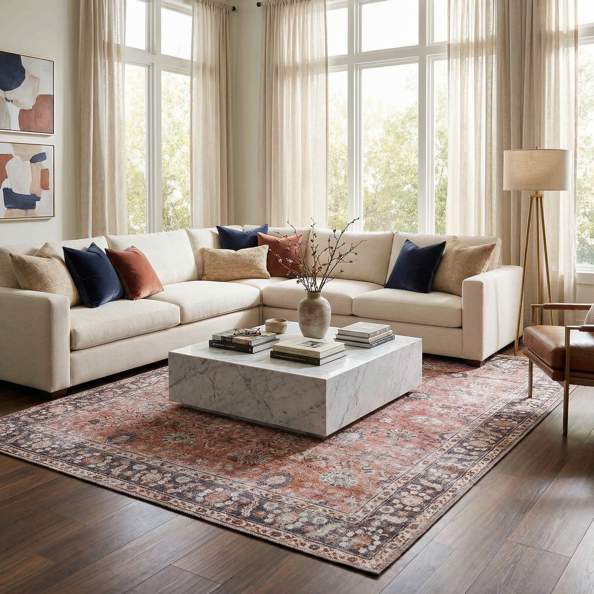 a living room with a large couch and a coffee table