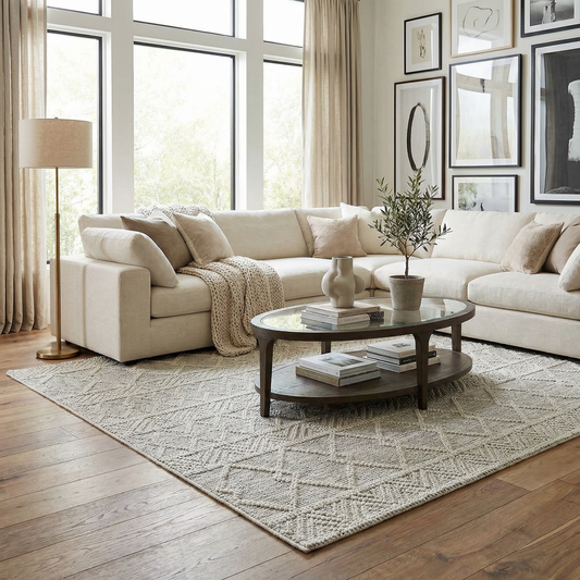 a living room with a large couch and a coffee table