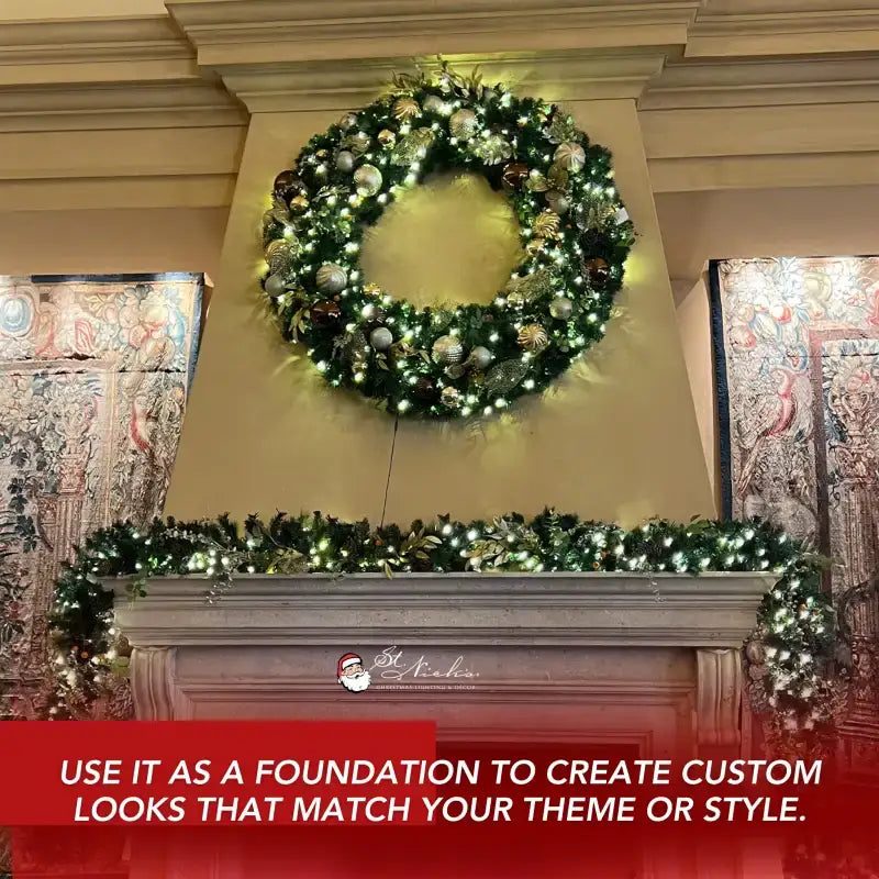 a fireplace with a wreath on it