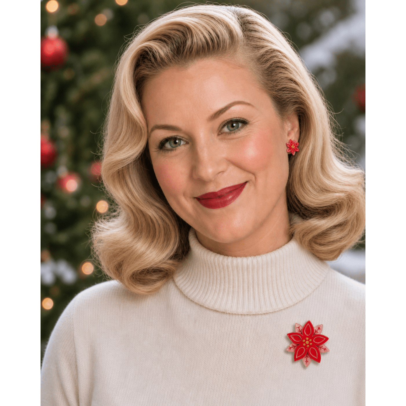 Pretty Poinsettia Brooch & Earring Set by Lipstick & Chrome