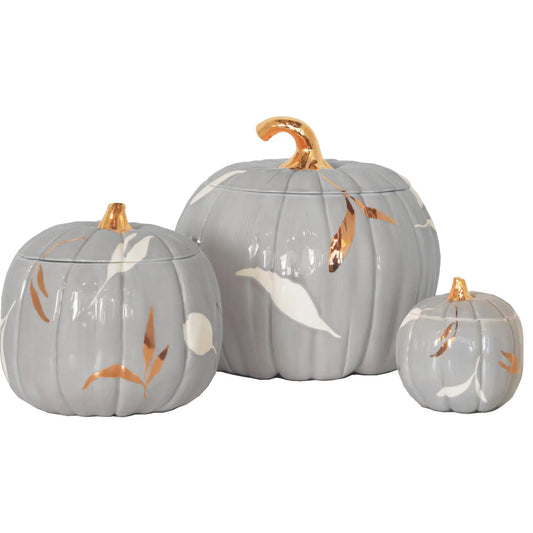 Layered Leaves Pumpkin Jars with 22K Gold Accents in Light Gray