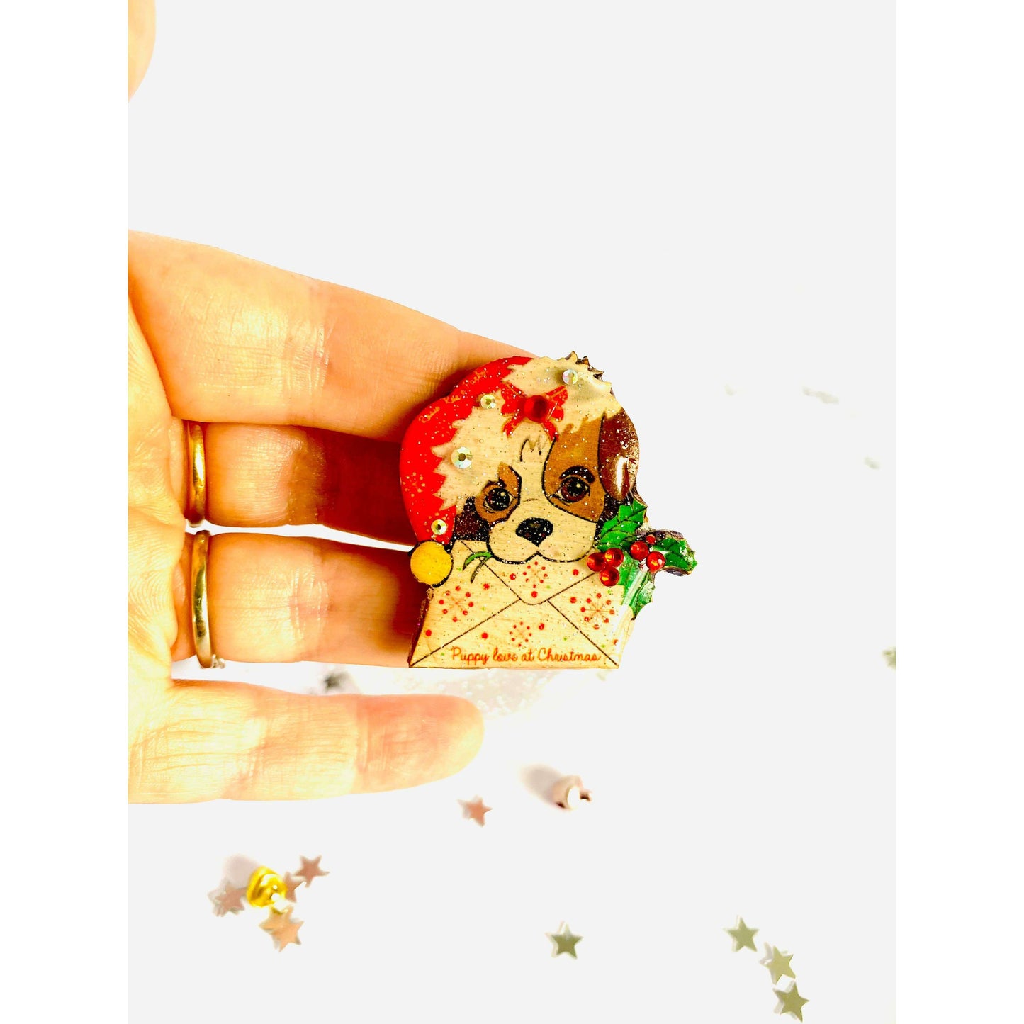 Puppy love at Xmas Brooch by Rosie Rose Parker