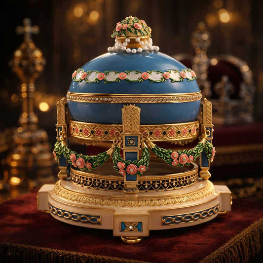 a blue and gold ornate object with flowers on it
