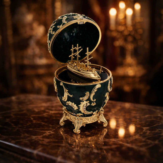 a gold and black egg shaped box with a ship inside