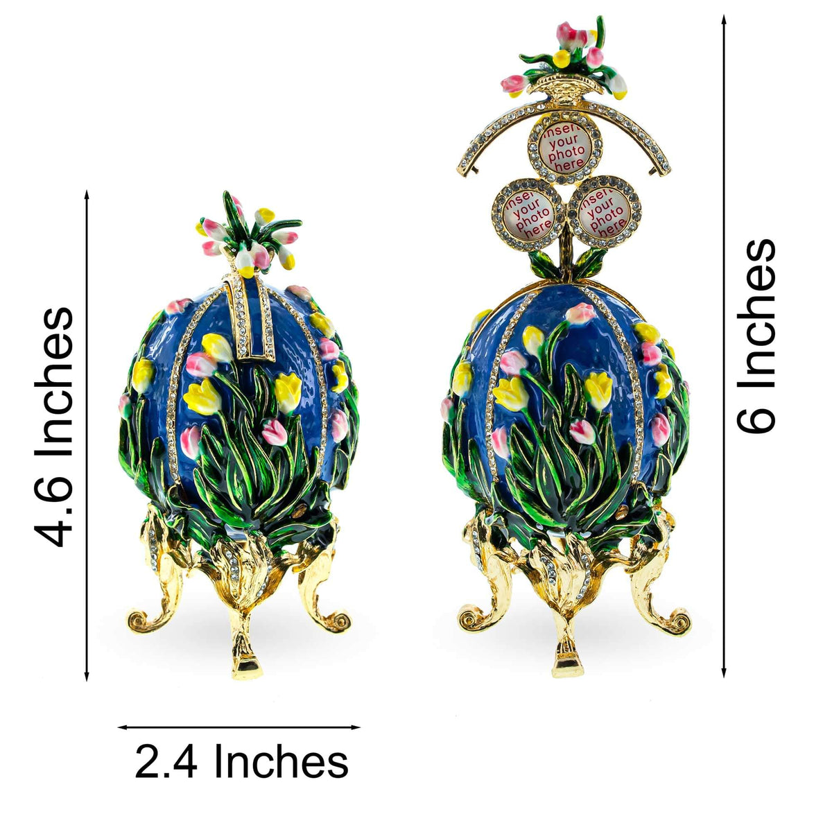 a pair of blue and gold eggs with flowers and a gold stand