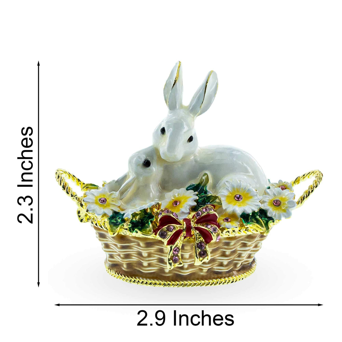 a small white rabbit figurine with a yellow bow and flowers in a basket